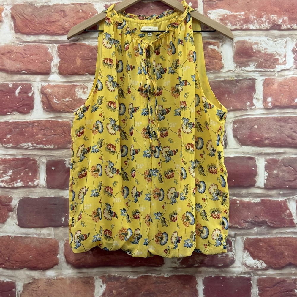 Max Studio Top Women's XL Yellow Multicolor Boho Floral Tie Neck Casual Shirt